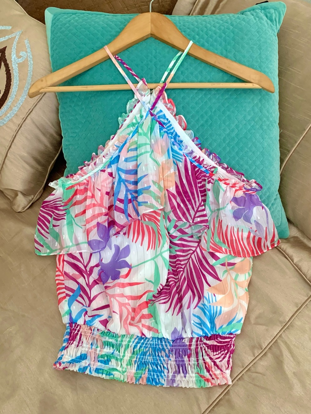Ramy Brook Tropical Palm Ruffle Spaghetti strap Halter Top - Multicolor